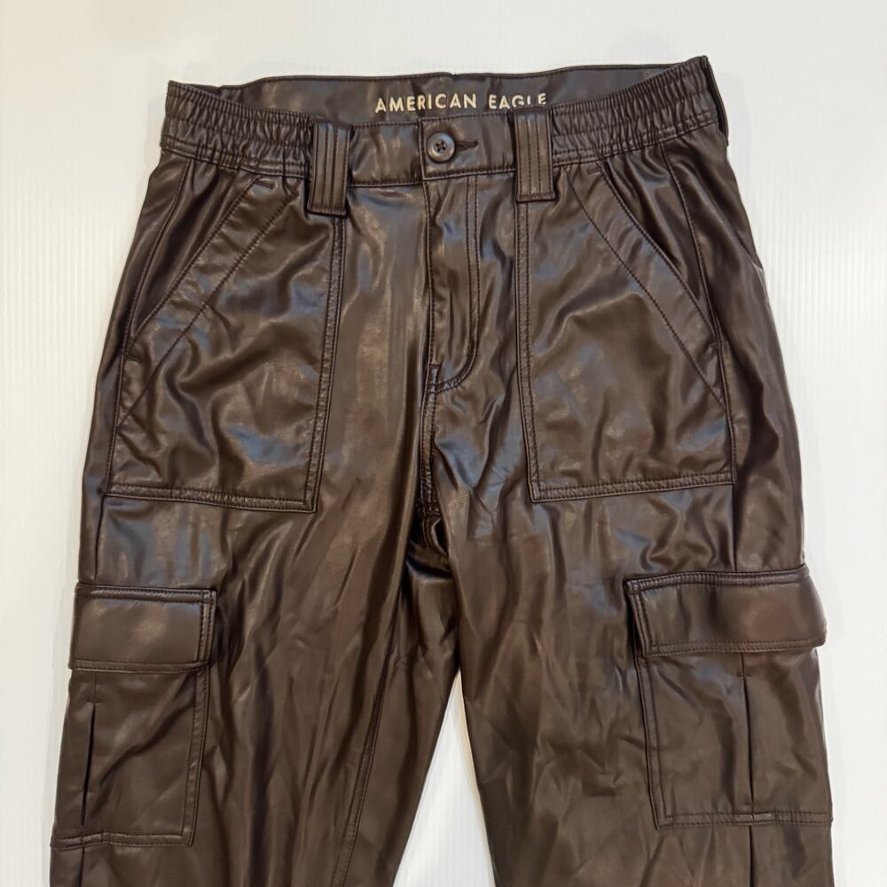 American Eagle Vegan Leather Cargo Pants Brown Straight Leg Women's 8 Long Y2K - Picture 10 of 16